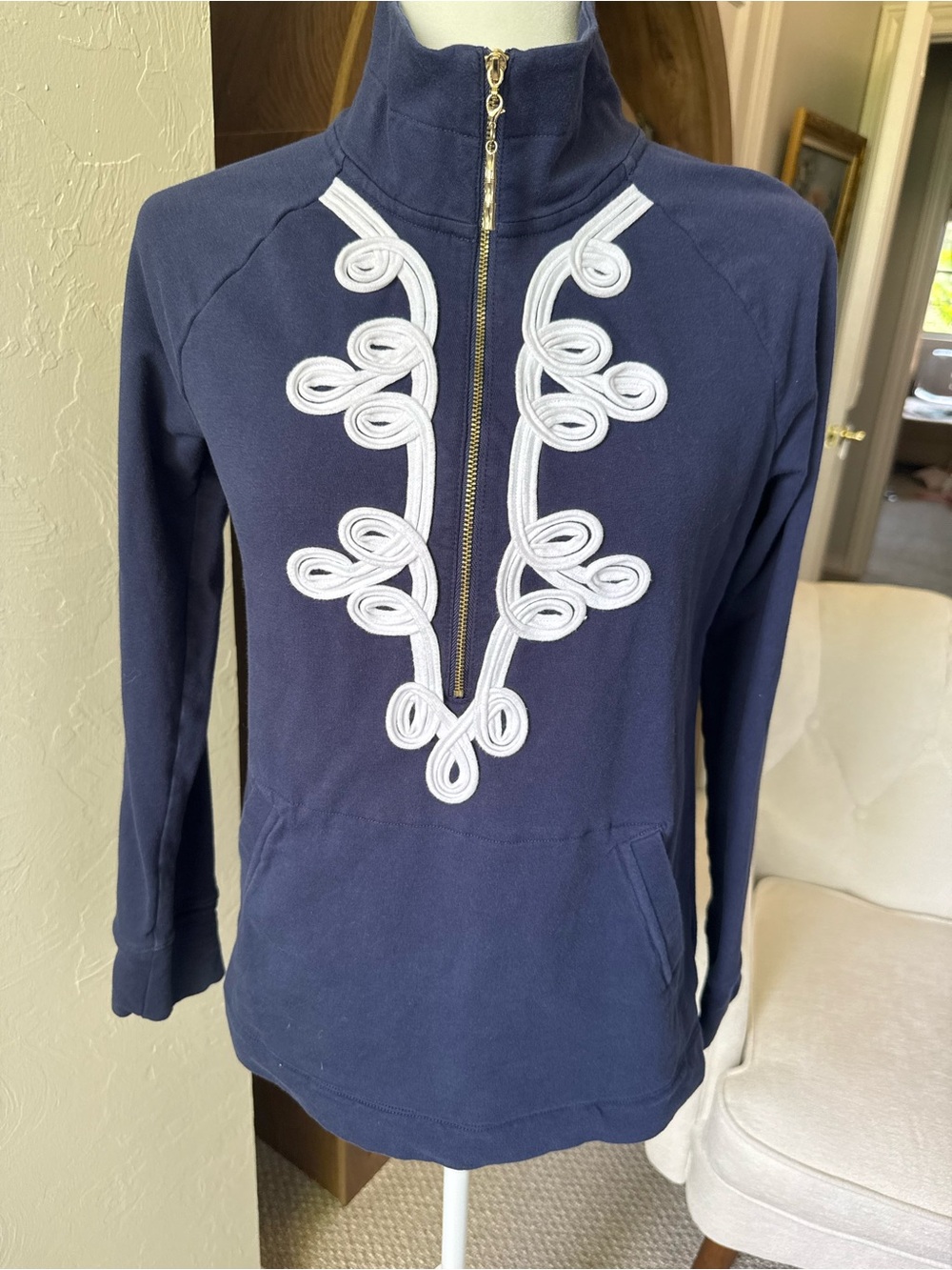 Lilly Pulitzer S Navy Quarter Zip Pullover White Soutache Preppy